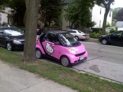 Hello Kitty pink smar car in the wild