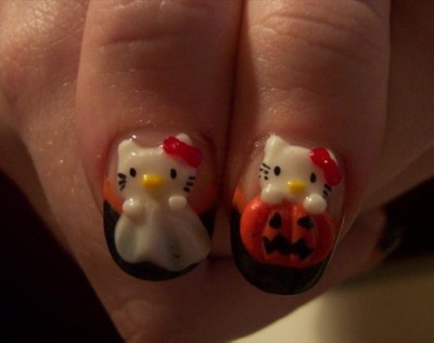 Hello Kitty ghost and pumpkin nails