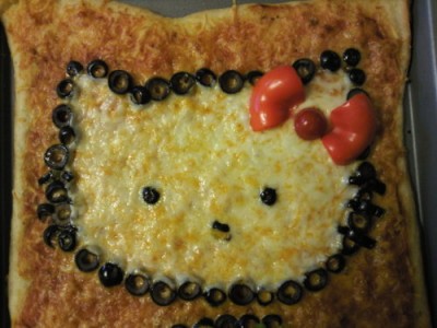 square Hello Kitty pizza with olives